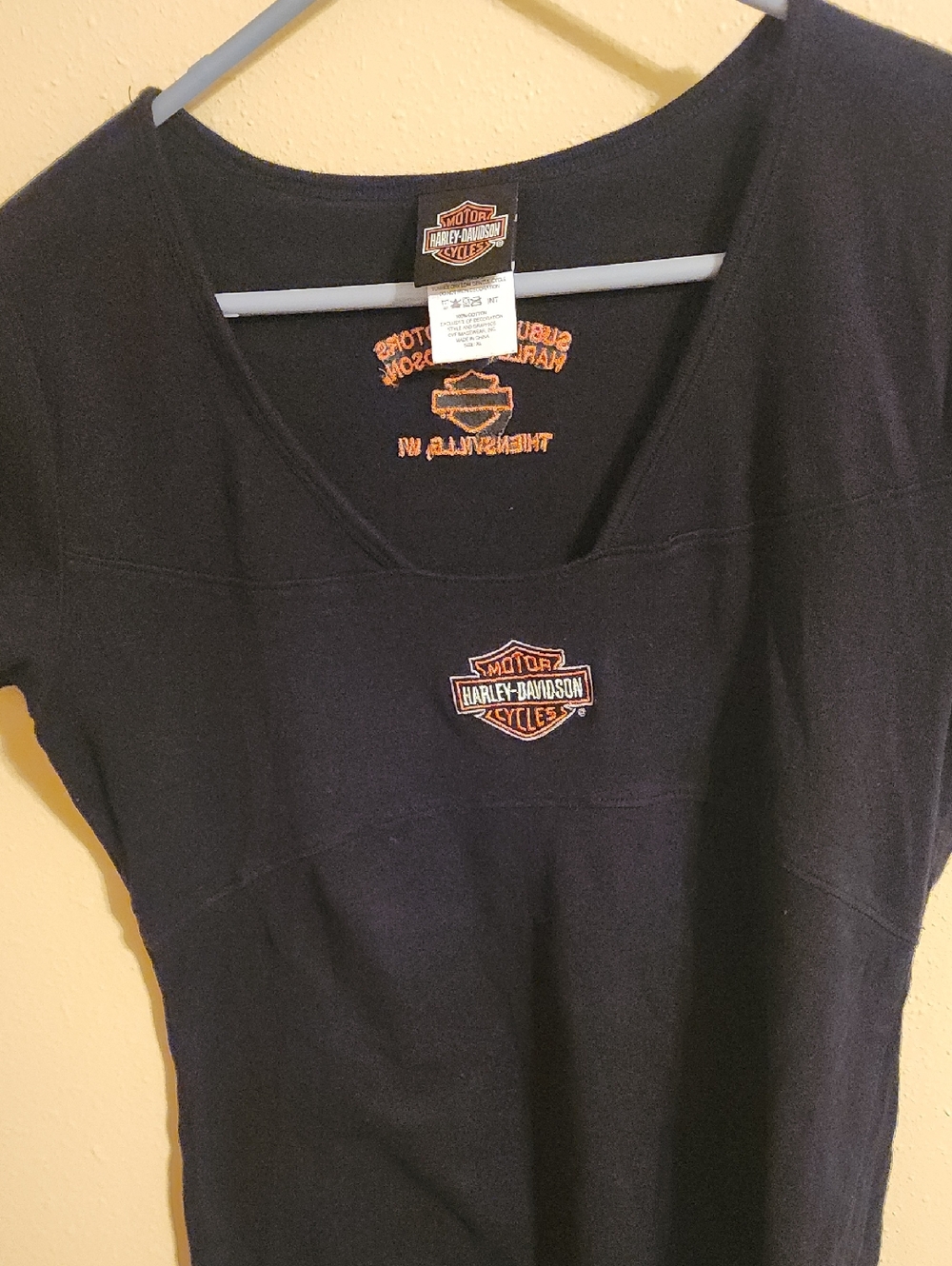 Harley-Davidson Black V-Neck Tee with Orange Shield Logo